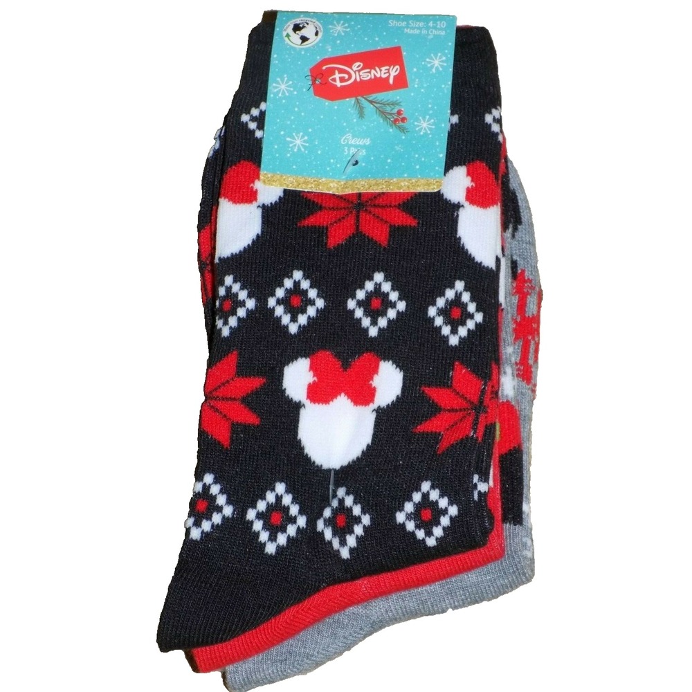 Disney Minnie Mouse Christmas Crew Socks 3 Pairs Womens Ladies 4-10 NEW
